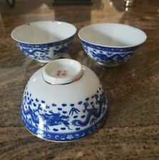 ANTIQ,RARE ,set Of 3 Asian,hand Painted Footed Rice Bowls ,4 Dragons ,4.25x2.25