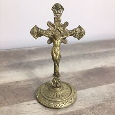 Vintage Ornate Brass Tabletop Catholic Crucifix INRI Cross Jesus Christ picture