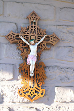 Vintage French wood cut porcelain bisque corpus crucifix picture