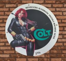 RARE COLT FIREARM PINUP GIRL STYLE PORCELAIN REVOLVER AMMO GAS OIL PUMP AD SIGN picture