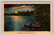 Owego NY-New York, Scenic Greetings, Boating, Moonlight, Vintage c1946 Postcard picture