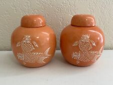 Vintage Nieman Marcus Pair of Porcelain Ginger Jars w/ Koi Made in Hong Kong picture