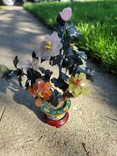 Vtg Chinese Jade quartz Bonsai Tree in cloisonne Flower Pot floral bud w/base picture