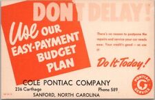 SANFORD, North Carolina Car Dealer Advertising Postcard COLE PONTIAC Service Ad picture