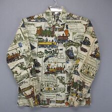 Vintage Train Shirt Adult Large Beige Railroad Locomotive Button Up Custom Mens picture