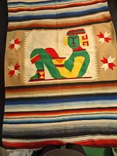 60's Mexican Wool Blanket Double Side Aztec Star Person Brilliant Colors 48x84  picture