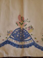 2 Vtg Hd Embroidered Crocheted Blue Southern Belle Dresser Scarves Scarf Runners picture