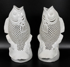 Pair White Ceramic Open Mouth Koi Fish Reticulated 10