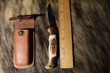 Old Smokey Smoky Folding Hunter Pocket Knife Bone Handle Stainless w/ Holder picture