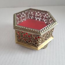 VTG beveled ormolu glass hexagon jewelry box vanity signed Japan filigree metal picture