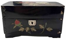 Vintage Black Wooden Jewelry Music Box Mirror Twirling Ballerina Floral Japan picture