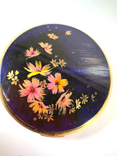 Vintage Compact Stratton Makeup Mirror Powder Black Enamel Pink Flowers Round picture