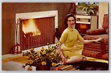 MCM Midcentury Modern Fireplace Decor DL Bromwell Ad 1960s Postcard HiFi Stereo picture
