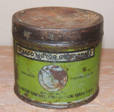 VINTAGE 1920's TEXACO MOTOR CUP GREASE TIN METAL CAN GREEN W/LID GREAT PATINA picture