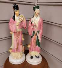 Pair Signed Vintage Chinese Lady & Bird, Man Statue Figurine Chinese Chinoiserie picture