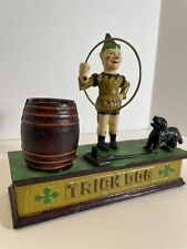 Vintage Cast Iron Mechanical Coin Bank Trick Dog with Jump Ring Works Replica picture