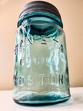 Vintage/MCM Wan-Eta Cocoa Boston Aqua Jar with Zinc Lid W/ Embossed Glass 1940’s picture