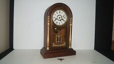 BEAUTIFUL Vintage Wind Up Pendulum Bell Wood Mantel USA Clock with Key - NICE picture