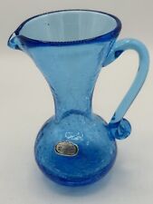 Vintage Hand Blown Rainbow, Blue Crackle Glass Pitcher Vase, Highly Collectable picture
