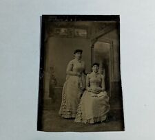 Vintage Antique Black & White Tintype Photograph - Two Ladies in White Dresses picture