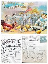 Antique Easter Embossed Postcard 1908 Boy Farm Chicks Green Franklin 1Cent Stamp picture