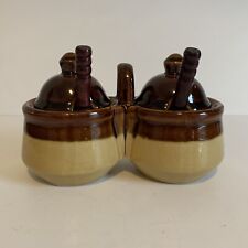 Vintage 70s Stoneware Brown Pottery Combination Condiment Set With Lids & Spoons picture