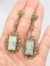 Unique Vtg Antique 1930s ? Qing Dynasty Jade Dangling Drop Crew Back Earrings picture