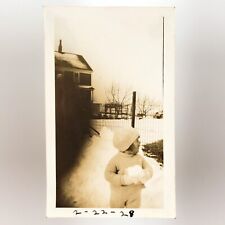 Little Girl Rolling Snowball Photo 1930s Winter Kid Snow Child Snapshot C2879 picture