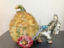 Vintage MCM Majolica Italy Donkey Pulling Squash Tureen Cart Flower Wheels picture