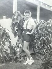 1040s VINTAGE PHOTO Pinto Girl in Garden With Lush Plants Sexy ORIGINAL snapshot picture