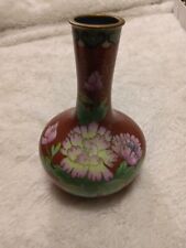 Vintage Small Chinese Brass Enamel Cloisonné Vase With Floral Decoration 6” Tall picture