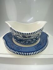 Vintage Currier & Ives Two Spout Gravy Boat Dish Bowl With Resting Plate picture