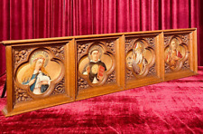 Antique rare neo gothic church wood carved panel painting saints portrait picture