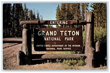 c1950's Entering Grand Teton Interior National Park Sign Wyoming WY Postcard picture