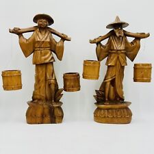 RARE PAIR OF TEAK WOOD ASIAN WATER CARRIERS, 21 TALL, HANDCARVED FROM THAILAND picture