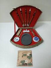 Vtg. Chinese Ink Calligraphy Set Brushes Holder Case Stone Pallet Ink Chop picture