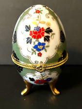 Vintage Ceramic Egg Shaped Trinket Box, Red Green Gold Floral, Footed, Hinged picture