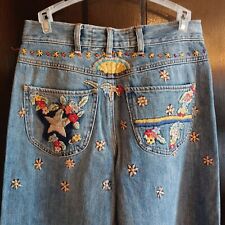 FREE PEOPLE JEANS TAPESTRY FLORAL EMBROIDERY WOMENS WIDE LEG SZ 25 picture