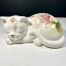 Vintage Candlewood Gifts Handpainted Ceramic Sleeping White Cat.  Floral Design picture