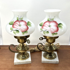 Set of 2 Vintage Hurricane Brass Table Lamp Hand-Painted Milk Glass Floral Shade picture