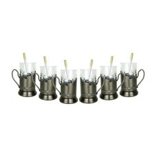18-pc Set Russian Tea Glass Holders Podstakannik & Cut Crystal Glasses & Spoons picture