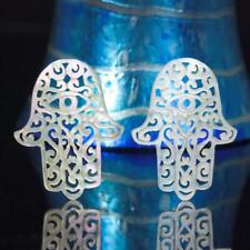 Hamsa Hand Earring Pair Carved Mother-of-Pearl Shell Filigree Cut Work 2.15 g picture