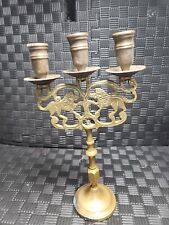 VINTAGE HEAVY SOLID BRASS TWIN LIONS 3 CANDLES CANDLE HOLDER CANLEABRA picture