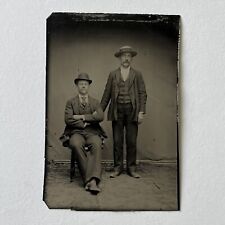 Antique Tintype Photograph Men Boater Bowler Hat Photo Stand Fall River MA picture