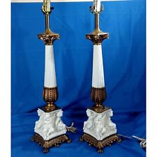 Neoclassical Cast Bronze Cherub Hollywood Regency Buffet Table Lamps MCM Vtg picture