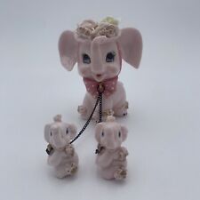 Vintage Napco Pastel Pink Spaghetti Elephant & Babies Ceramic Figurines Decor picture