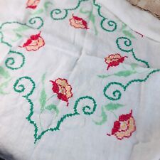 vtg linen table cloth white with flowers cross stitch 38