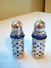 VINTAGE COBALT BLUE GLASS SALT & PEPPER SHAKERS WITH SILVERPLATE HOLDERS picture