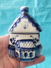 Vintage Russian Pottery HOUSE  Gzhel Jar House w Lid USSR 1970's picture