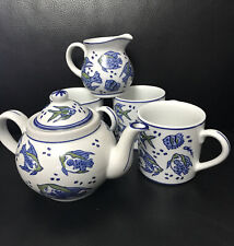 RARE  APRIL CORNELL TEA SET : teapot, creamer & 3 Mugs Blue Fish picture